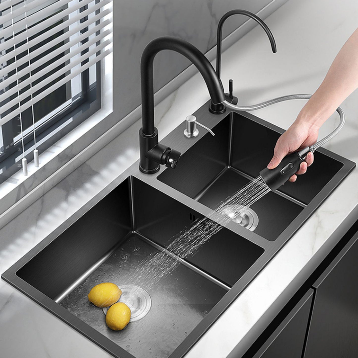 Modern Style Kitchen Sink Stainless Steel Kitchen Double Sink in Black Clearhalo 'Home Improvement' 'home_improvement' 'home_improvement_kitchen_sinks' 'Kitchen Remodel & Kitchen Fixtures' 'Kitchen Sinks & Faucet Components' 'Kitchen Sinks' 'kitchen_sinks' 7195405