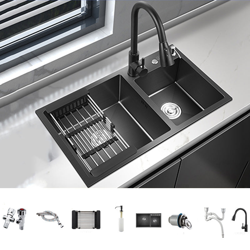 Modern Style Kitchen Sink Stainless Steel Kitchen Double Sink in Black Sink with Faucet Pull Out Faucet Clearhalo 'Home Improvement' 'home_improvement' 'home_improvement_kitchen_sinks' 'Kitchen Remodel & Kitchen Fixtures' 'Kitchen Sinks & Faucet Components' 'Kitchen Sinks' 'kitchen_sinks' 7195406