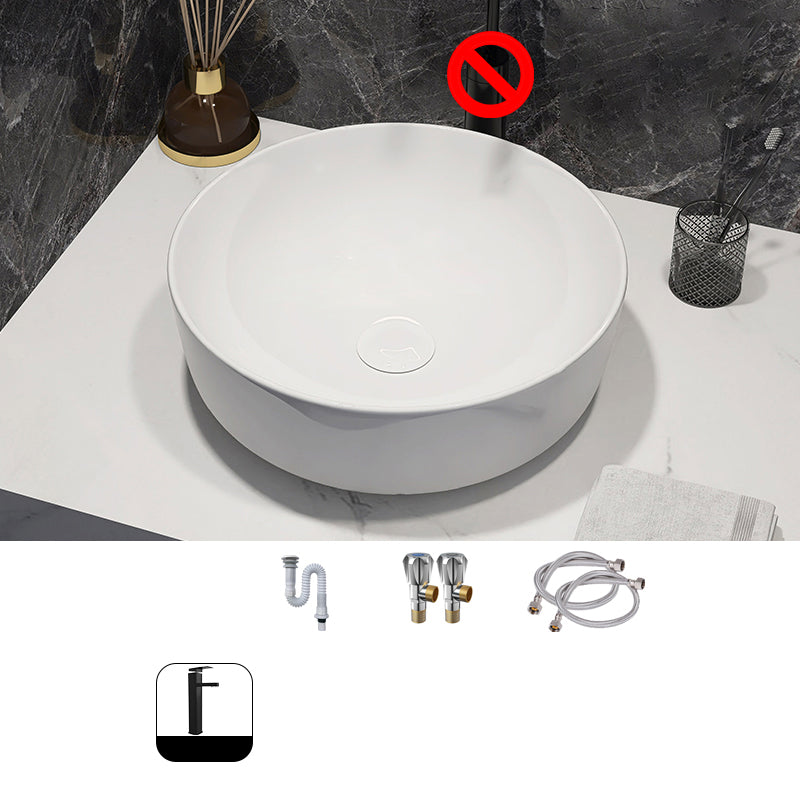Modern Style Vessel Bathroom Sink Round Ceramic Vessel Bathroom Sink in White 16.3"L x 16.3"W x 5.1"H Sink with Faucet Hot and Cold Faucet Clearhalo 'Bathroom Remodel & Bathroom Fixtures' 'Bathroom Sinks & Faucet Components' 'Bathroom Sinks' 'bathroom_sink' 'Home Improvement' 'home_improvement' 'home_improvement_bathroom_sink' 7196128