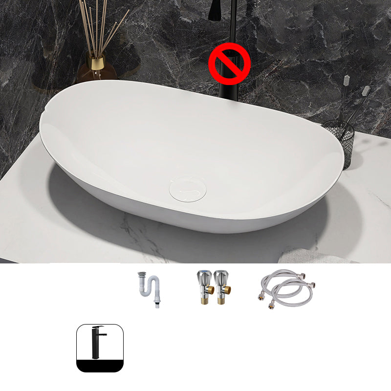 Modern Style Vessel Bathroom Sink Round Ceramic Vessel Bathroom Sink in White 23"L x 14"W x 6"H Sink with Faucet Hot and Cold Faucet Clearhalo 'Bathroom Remodel & Bathroom Fixtures' 'Bathroom Sinks & Faucet Components' 'Bathroom Sinks' 'bathroom_sink' 'Home Improvement' 'home_improvement' 'home_improvement_bathroom_sink' 7196141