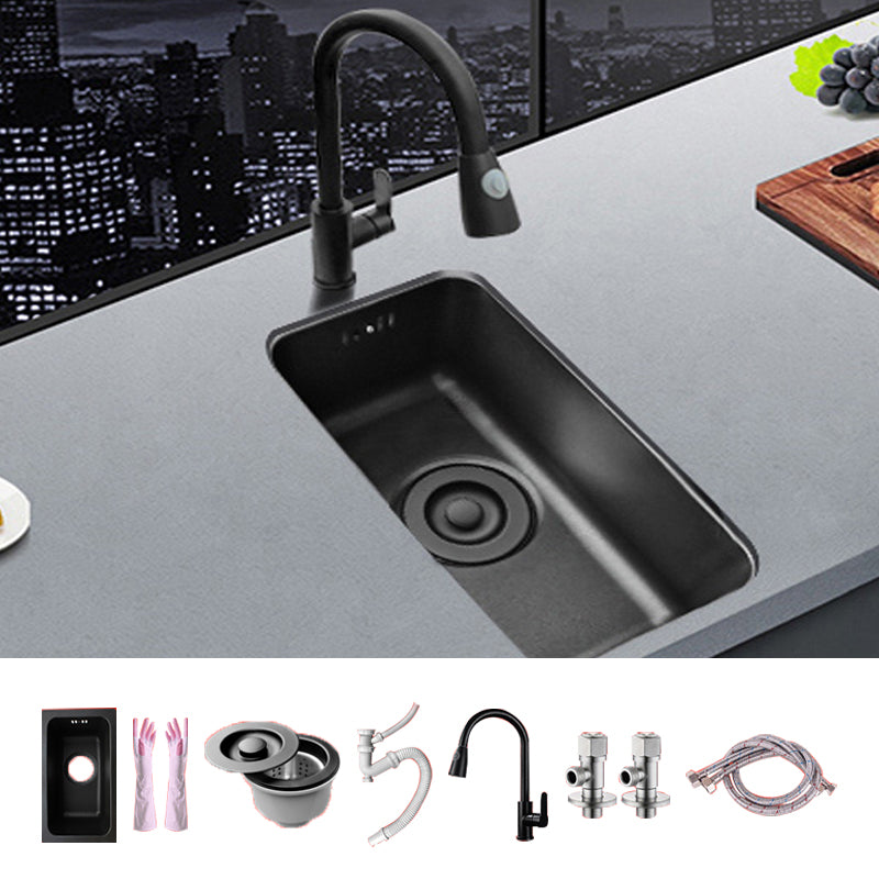 Black Stainless Steel Sink Single Bowl Undermount Sink with Basket Strainer 9"L x 17"W x 8"H Sink with Faucet Pull Out Faucet Clearhalo 'Home Improvement' 'home_improvement' 'home_improvement_kitchen_sinks' 'Kitchen Remodel & Kitchen Fixtures' 'Kitchen Sinks & Faucet Components' 'Kitchen Sinks' 'kitchen_sinks' 7196223