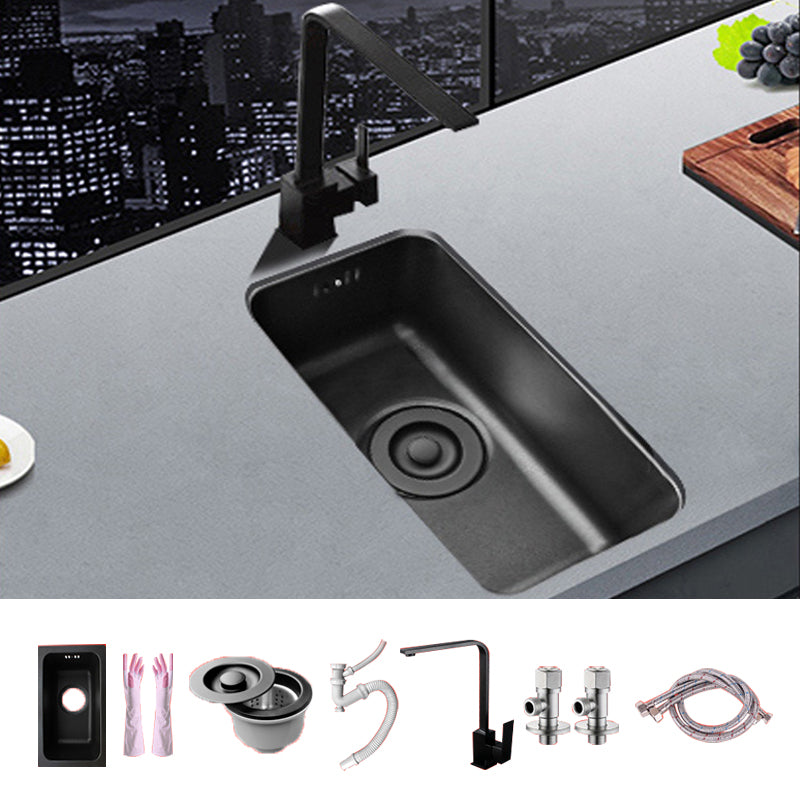 Black Stainless Steel Sink Single Bowl Undermount Sink with Basket Strainer 9"L x 17"W x 8"H Sink with Faucet Seven Character Faucet Clearhalo 'Home Improvement' 'home_improvement' 'home_improvement_kitchen_sinks' 'Kitchen Remodel & Kitchen Fixtures' 'Kitchen Sinks & Faucet Components' 'Kitchen Sinks' 'kitchen_sinks' 7196224
