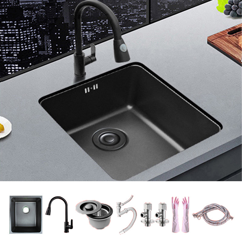 Black Stainless Steel Sink Single Bowl Undermount Sink with Basket Strainer 13"L x 15"W x 8"H Sink with Faucet Pull Out Faucet Clearhalo 'Home Improvement' 'home_improvement' 'home_improvement_kitchen_sinks' 'Kitchen Remodel & Kitchen Fixtures' 'Kitchen Sinks & Faucet Components' 'Kitchen Sinks' 'kitchen_sinks' 7196231