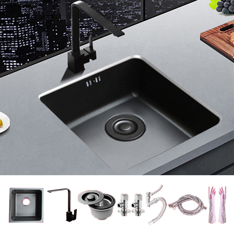 Black Stainless Steel Sink Single Bowl Undermount Sink with Basket Strainer 17"L x 17"W x 8"H Sink with Faucet Seven Character Faucet Clearhalo 'Home Improvement' 'home_improvement' 'home_improvement_kitchen_sinks' 'Kitchen Remodel & Kitchen Fixtures' 'Kitchen Sinks & Faucet Components' 'Kitchen Sinks' 'kitchen_sinks' 7196243