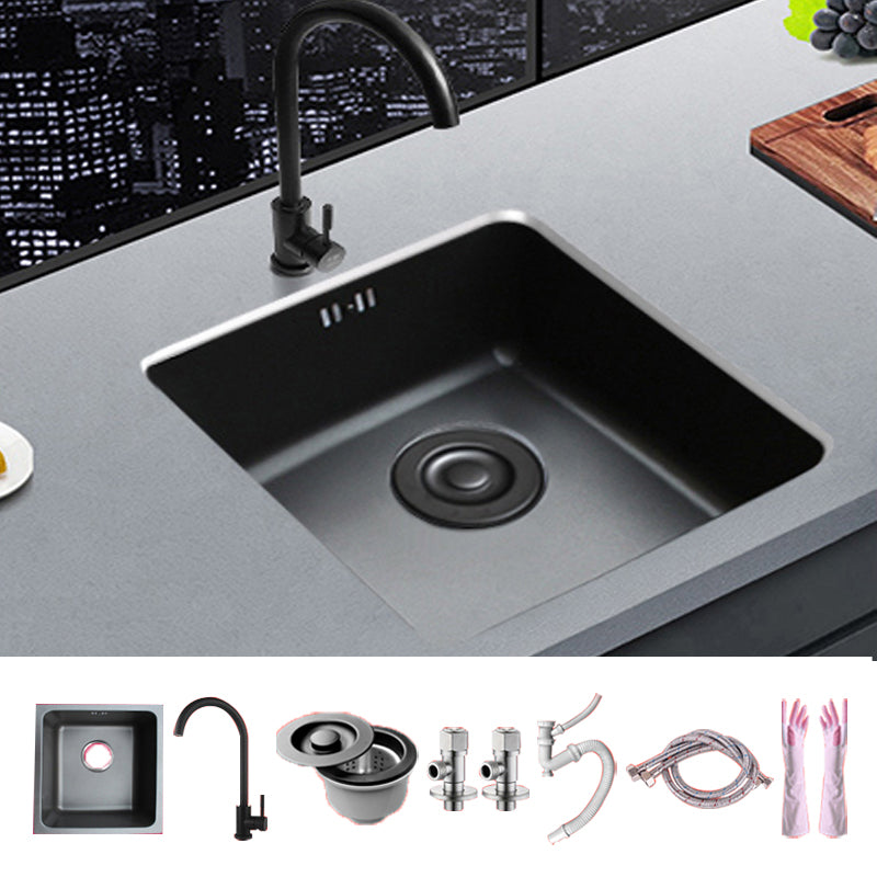 Black Stainless Steel Sink Single Bowl Undermount Sink with Basket Strainer 17"L x 17"W x 8"H Sink with Faucet Cold and Hot Tap Clearhalo 'Home Improvement' 'home_improvement' 'home_improvement_kitchen_sinks' 'Kitchen Remodel & Kitchen Fixtures' 'Kitchen Sinks & Faucet Components' 'Kitchen Sinks' 'kitchen_sinks' 7196244
