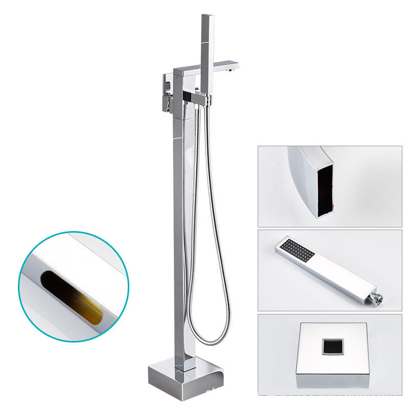 Floor Mounted Freestanding Tub Filler Single Handle Metal Freestanding Faucet Right Angle Hand Shower Included Clearhalo 'Bathroom Remodel & Bathroom Fixtures' 'Bathtub Faucets' 'bathtub_faucets' 'Home Improvement' 'home_improvement' 'home_improvement_bathtub_faucets' 7196427