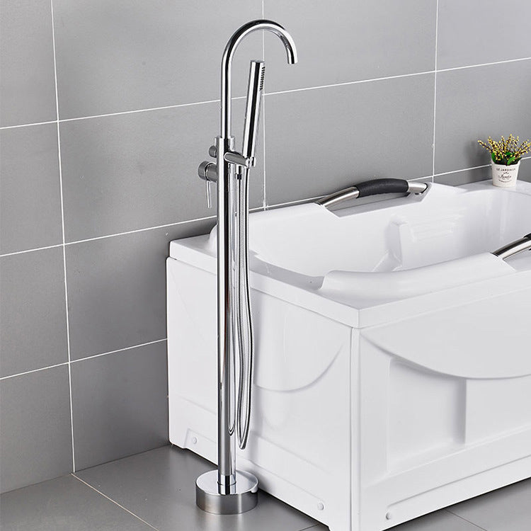 Floor Mounted Freestanding Tub Filler Single Handle Metal Freestanding Faucet Gooseneck Hand Shower Included Clearhalo 'Bathroom Remodel & Bathroom Fixtures' 'Bathtub Faucets' 'bathtub_faucets' 'Home Improvement' 'home_improvement' 'home_improvement_bathtub_faucets' 7196428