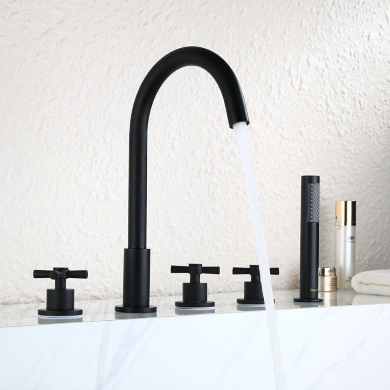 Deck Mounted Roman Tub Faucet Low Arc Roman Tub Faucet Set with Hand Shower Black Clearhalo 'Bathroom Remodel & Bathroom Fixtures' 'Bathtub Faucets' 'bathtub_faucets' 'Home Improvement' 'home_improvement' 'home_improvement_bathtub_faucets' 7196445