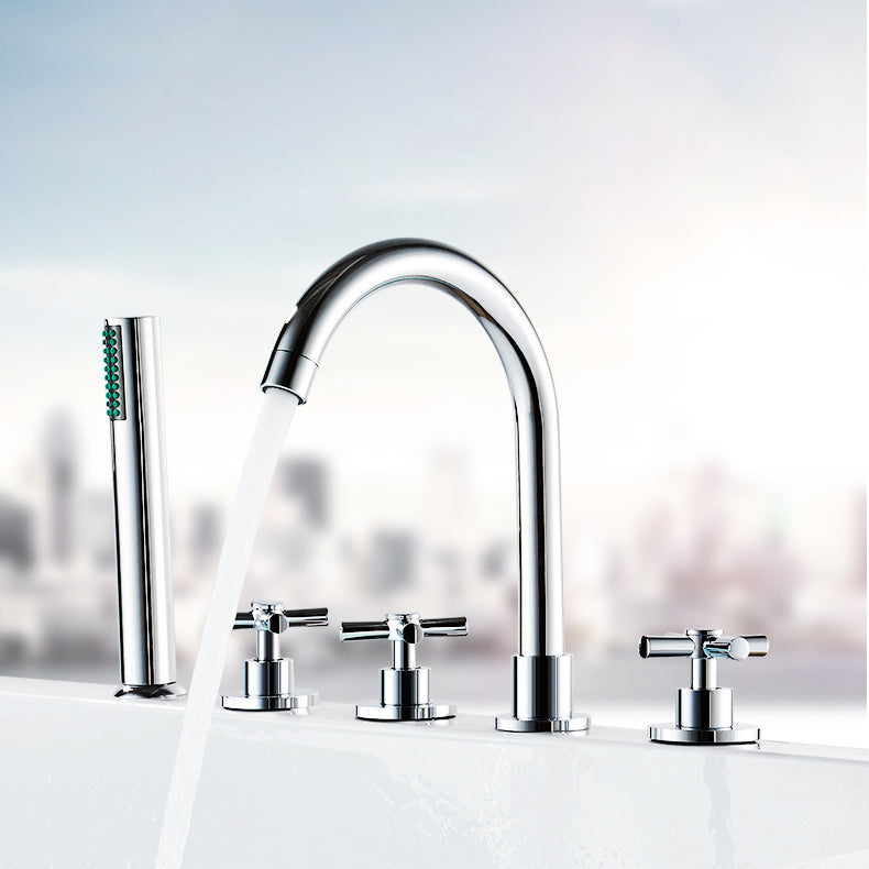 Deck Mounted Roman Tub Faucet Low Arc Roman Tub Faucet Set with Hand Shower Clearhalo 'Bathroom Remodel & Bathroom Fixtures' 'Bathtub Faucets' 'bathtub_faucets' 'Home Improvement' 'home_improvement' 'home_improvement_bathtub_faucets' 7196447