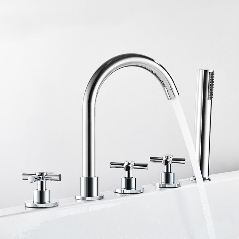 Deck Mounted Roman Tub Faucet Low Arc Roman Tub Faucet Set with Hand Shower Clearhalo 'Bathroom Remodel & Bathroom Fixtures' 'Bathtub Faucets' 'bathtub_faucets' 'Home Improvement' 'home_improvement' 'home_improvement_bathtub_faucets' 7196448