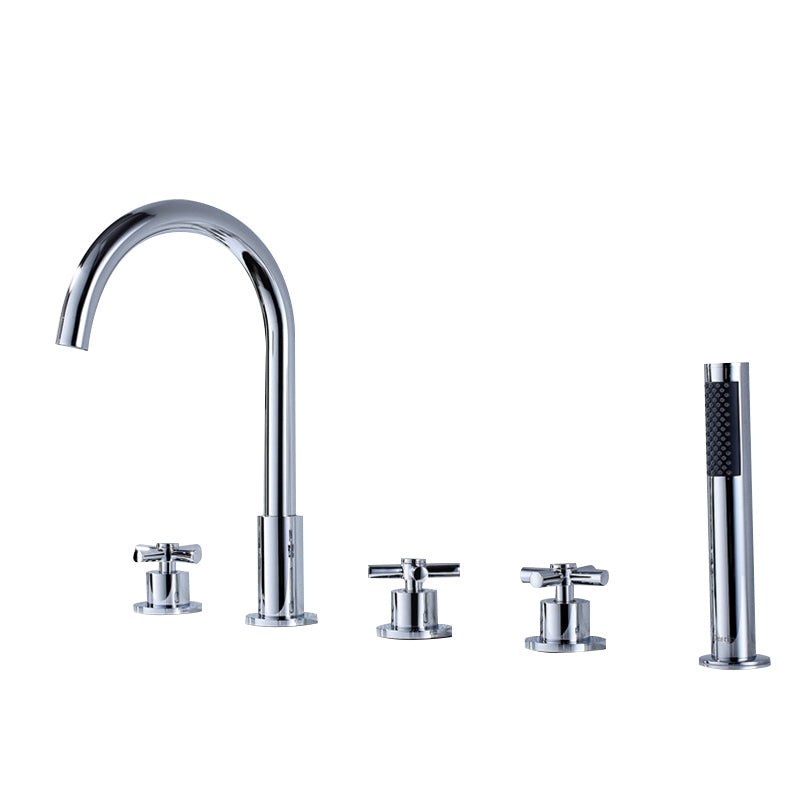Deck Mounted Roman Tub Faucet Low Arc Roman Tub Faucet Set with Hand Shower Clearhalo 'Bathroom Remodel & Bathroom Fixtures' 'Bathtub Faucets' 'bathtub_faucets' 'Home Improvement' 'home_improvement' 'home_improvement_bathtub_faucets' 7196449