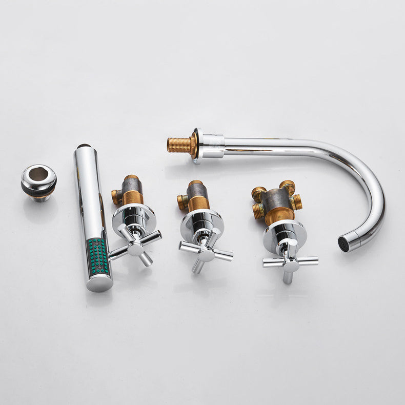 Deck Mounted Roman Tub Faucet Low Arc Roman Tub Faucet Set with Hand Shower Clearhalo 'Bathroom Remodel & Bathroom Fixtures' 'Bathtub Faucets' 'bathtub_faucets' 'Home Improvement' 'home_improvement' 'home_improvement_bathtub_faucets' 7196454