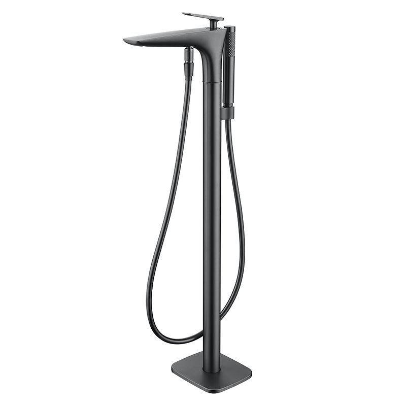 Floor Mounted Freestanding Tub Filler Single Handle Freestanding Faucet with Hose Dark Gray Clearhalo 'Bathroom Remodel & Bathroom Fixtures' 'Bathtub Faucets' 'bathtub_faucets' 'Home Improvement' 'home_improvement' 'home_improvement_bathtub_faucets' 7196489