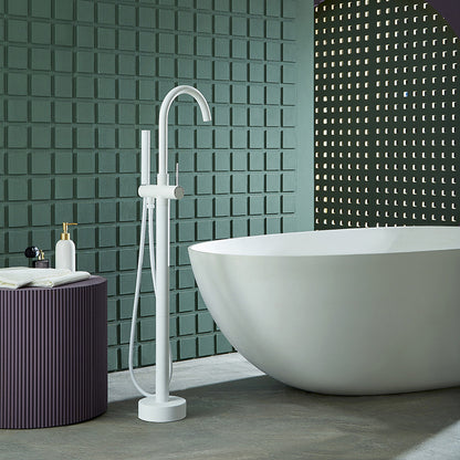 Floor Mounted Freestanding Tub Filler Metal Freestanding Bathtub Faucet in White Rre-embedded Clearhalo 'Bathroom Remodel & Bathroom Fixtures' 'Bathtub Faucets' 'bathtub_faucets' 'Home Improvement' 'home_improvement' 'home_improvement_bathtub_faucets' 7196506