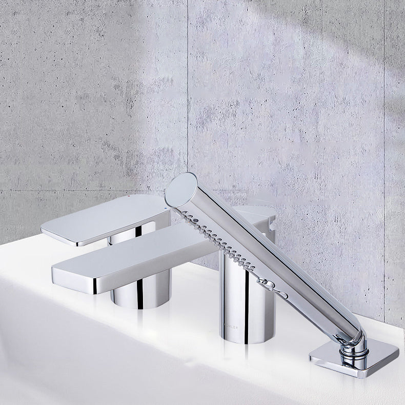 Modern Deck Mounted Roman Tub Faucet Bronze Low Arc Roman Tub Faucet Set Clearhalo 'Bathroom Remodel & Bathroom Fixtures' 'Bathtub Faucets' 'bathtub_faucets' 'Home Improvement' 'home_improvement' 'home_improvement_bathtub_faucets' 7196517