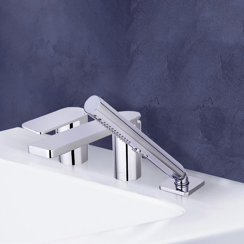 Modern Deck Mounted Roman Tub Faucet Bronze Low Arc Roman Tub Faucet Set Clearhalo 'Bathroom Remodel & Bathroom Fixtures' 'Bathtub Faucets' 'bathtub_faucets' 'Home Improvement' 'home_improvement' 'home_improvement_bathtub_faucets' 7196523