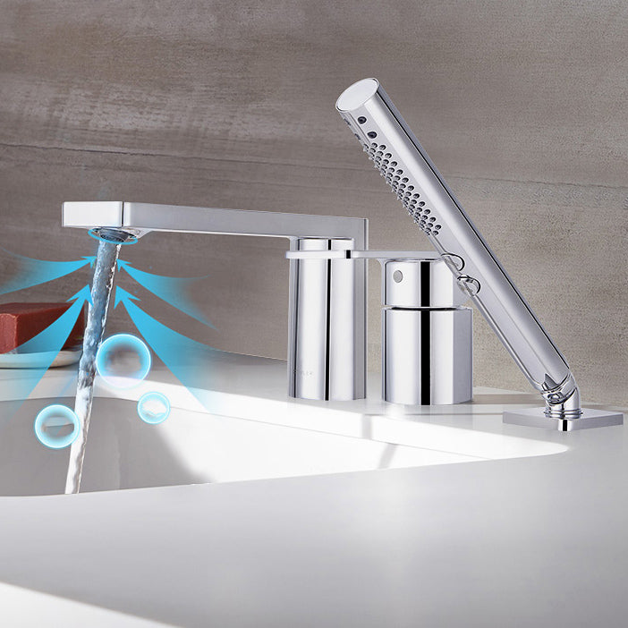 Modern Deck Mounted Roman Tub Faucet Bronze Low Arc Roman Tub Faucet Set Clearhalo 'Bathroom Remodel & Bathroom Fixtures' 'Bathtub Faucets' 'bathtub_faucets' 'Home Improvement' 'home_improvement' 'home_improvement_bathtub_faucets' 7196526