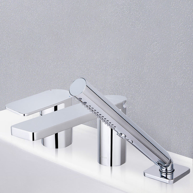 Modern Deck Mounted Roman Tub Faucet Bronze Low Arc Roman Tub Faucet Set Clearhalo 'Bathroom Remodel & Bathroom Fixtures' 'Bathtub Faucets' 'bathtub_faucets' 'Home Improvement' 'home_improvement' 'home_improvement_bathtub_faucets' 7196529