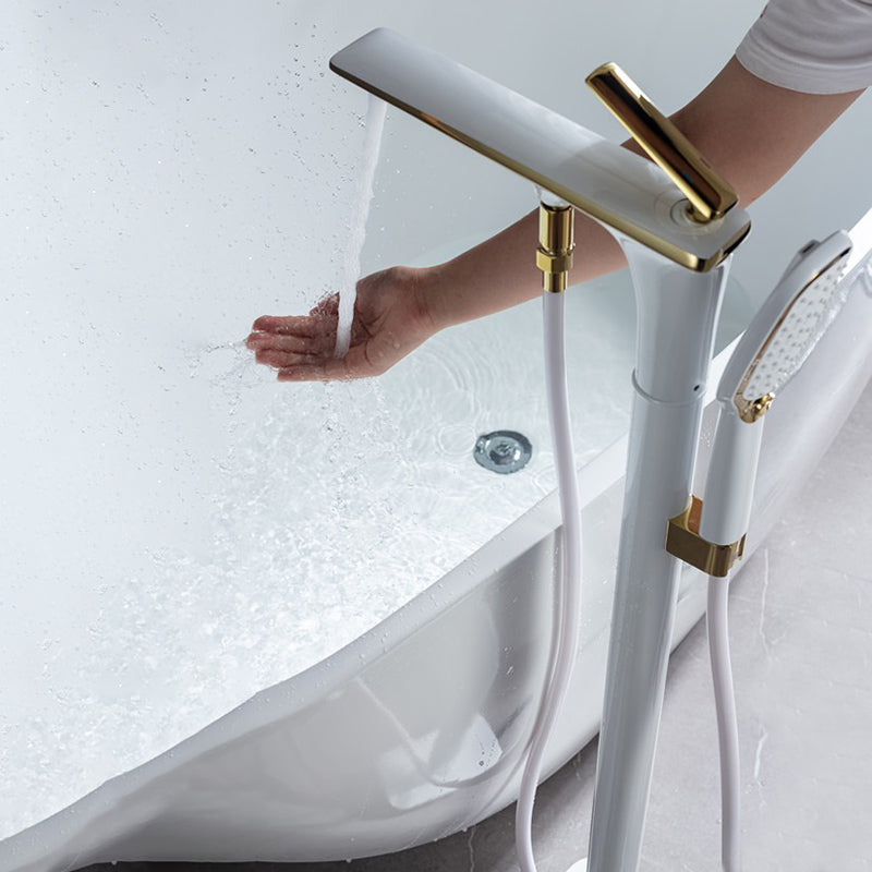 Floor Mounted Copper Freestanding Tub Filler One Handle Freestanding Bathtub Faucet White-Gold Straight Clearhalo 'Bathroom Remodel & Bathroom Fixtures' 'Bathtub Faucets' 'bathtub_faucets' 'Home Improvement' 'home_improvement' 'home_improvement_bathtub_faucets' 7196550
