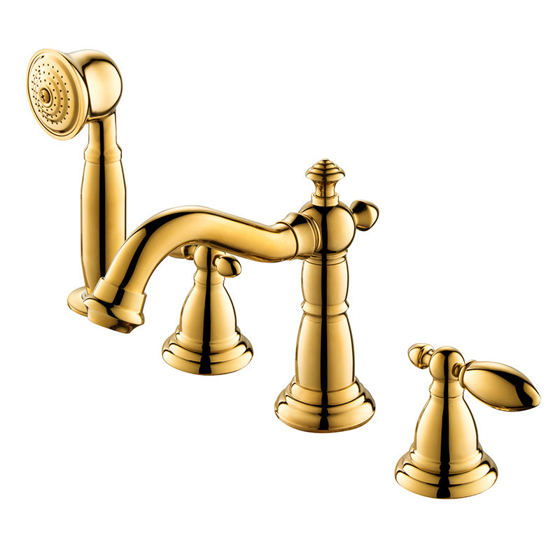 Deck Mounted Roman Tub Faucet Bronze Low Arc Roman Tub Faucet Set Gold 4 Hole Faucets Clearhalo 'Bathroom Remodel & Bathroom Fixtures' 'Bathtub Faucets' 'bathtub_faucets' 'Home Improvement' 'home_improvement' 'home_improvement_bathtub_faucets' 7196570