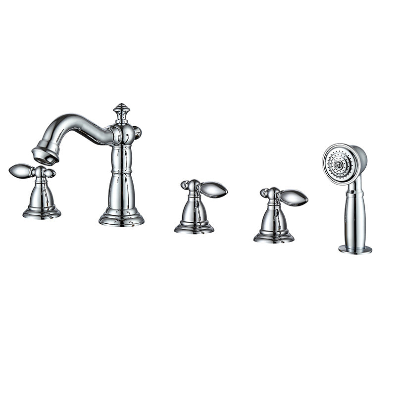 Deck Mounted Roman Tub Faucet Bronze Low Arc Roman Tub Faucet Set Chrome 5 Hole Faucets Clearhalo 'Bathroom Remodel & Bathroom Fixtures' 'Bathtub Faucets' 'bathtub_faucets' 'Home Improvement' 'home_improvement' 'home_improvement_bathtub_faucets' 7196572