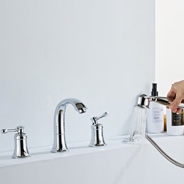 Modern Deck Mounted Lever Handle Bathroom Faucet with Handheld Shower Head Clearhalo 'Bathroom Remodel & Bathroom Fixtures' 'Bathtub Faucets' 'bathtub_faucets' 'Home Improvement' 'home_improvement' 'home_improvement_bathtub_faucets' 7196640