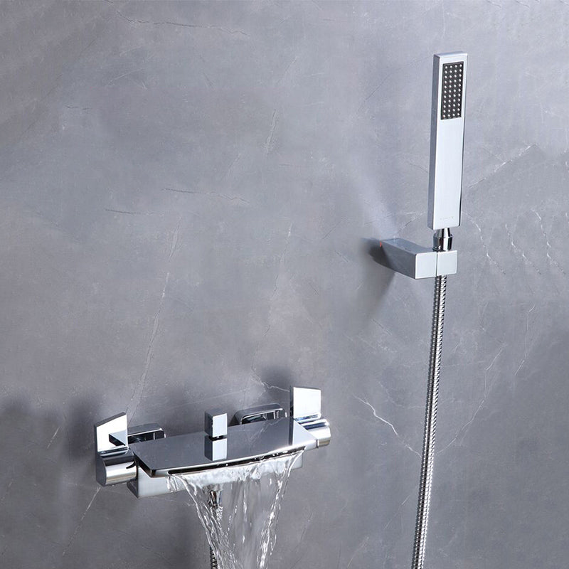 Waterfall Bath Faucet Adjustable Water Flow Wall Mounted Bathroom Faucet Silver Hand Shower Included Clearhalo 'Bathroom Remodel & Bathroom Fixtures' 'Bathtub Faucets' 'bathtub_faucets' 'Home Improvement' 'home_improvement' 'home_improvement_bathtub_faucets' 7196645