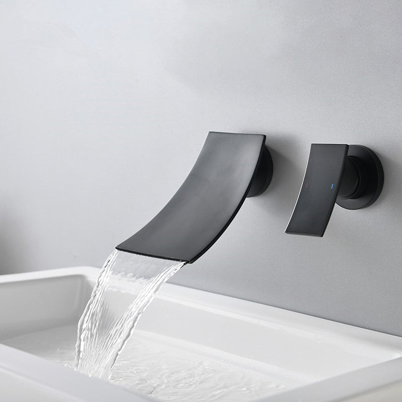 Wall Mounted Metal Tub Filler One Handles Waterfall Tub Faucet Trim Black Clearhalo 'Bathroom Remodel & Bathroom Fixtures' 'Bathtub Faucets' 'bathtub_faucets' 'Home Improvement' 'home_improvement' 'home_improvement_bathtub_faucets' 7196750
