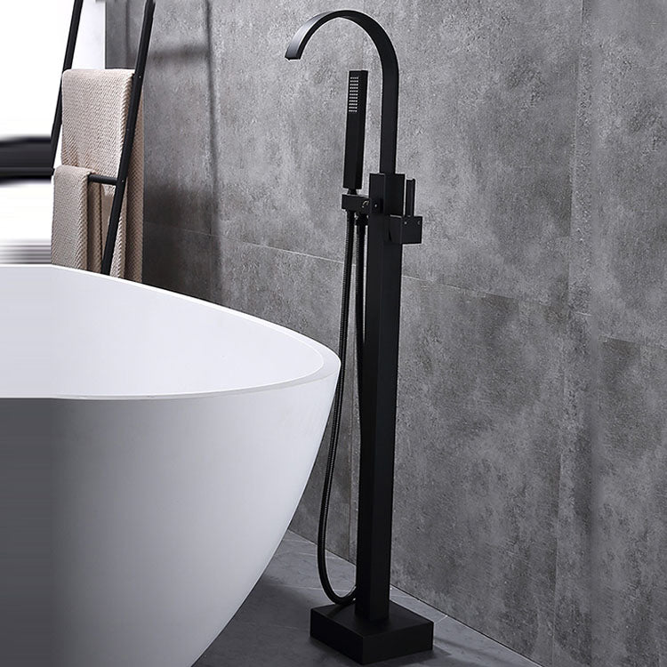 Contemporary Brass Freestanding Tub Filler with Hose Floor Mounted Bathroom Faucet Clearhalo 'Bathroom Remodel & Bathroom Fixtures' 'Bathtub Faucets' 'bathtub_faucets' 'Home Improvement' 'home_improvement' 'home_improvement_bathtub_faucets' 7196787