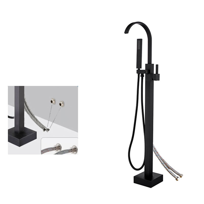 Contemporary Brass Freestanding Tub Filler with Hose Floor Mounted Bathroom Faucet Black Open Decoration Clearhalo 'Bathroom Remodel & Bathroom Fixtures' 'Bathtub Faucets' 'bathtub_faucets' 'Home Improvement' 'home_improvement' 'home_improvement_bathtub_faucets' 7196788
