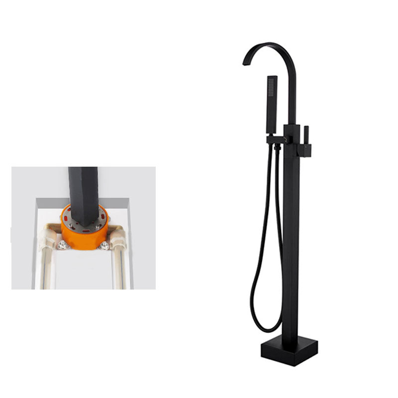 Contemporary Brass Freestanding Tub Filler with Hose Floor Mounted Bathroom Faucet Black Concealed Installation Clearhalo 'Bathroom Remodel & Bathroom Fixtures' 'Bathtub Faucets' 'bathtub_faucets' 'Home Improvement' 'home_improvement' 'home_improvement_bathtub_faucets' 7196789