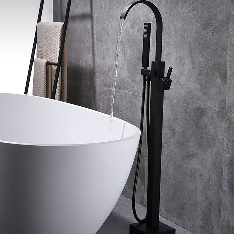 Contemporary Brass Freestanding Tub Filler with Hose Floor Mounted Bathroom Faucet Clearhalo 'Bathroom Remodel & Bathroom Fixtures' 'Bathtub Faucets' 'bathtub_faucets' 'Home Improvement' 'home_improvement' 'home_improvement_bathtub_faucets' 7196790