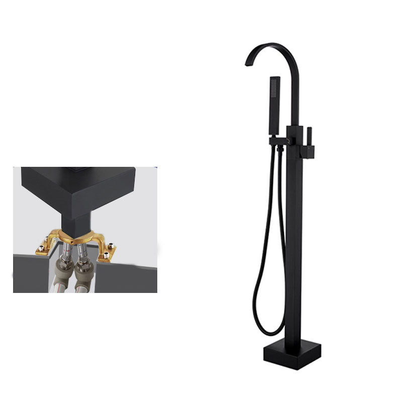 Contemporary Brass Freestanding Tub Filler with Hose Floor Mounted Bathroom Faucet Black Embedded Box Not Included Clearhalo 'Bathroom Remodel & Bathroom Fixtures' 'Bathtub Faucets' 'bathtub_faucets' 'Home Improvement' 'home_improvement' 'home_improvement_bathtub_faucets' 7196791