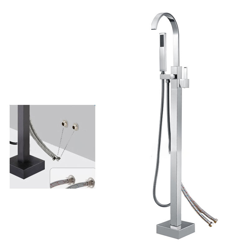 Contemporary Brass Freestanding Tub Filler with Hose Floor Mounted Bathroom Faucet Chrome Open Decoration Clearhalo 'Bathroom Remodel & Bathroom Fixtures' 'Bathtub Faucets' 'bathtub_faucets' 'Home Improvement' 'home_improvement' 'home_improvement_bathtub_faucets' 7196793