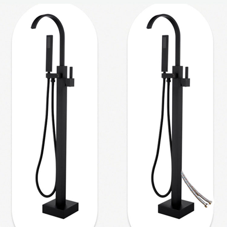 Contemporary Brass Freestanding Tub Filler with Hose Floor Mounted Bathroom Faucet Clearhalo 'Bathroom Remodel & Bathroom Fixtures' 'Bathtub Faucets' 'bathtub_faucets' 'Home Improvement' 'home_improvement' 'home_improvement_bathtub_faucets' 7196794