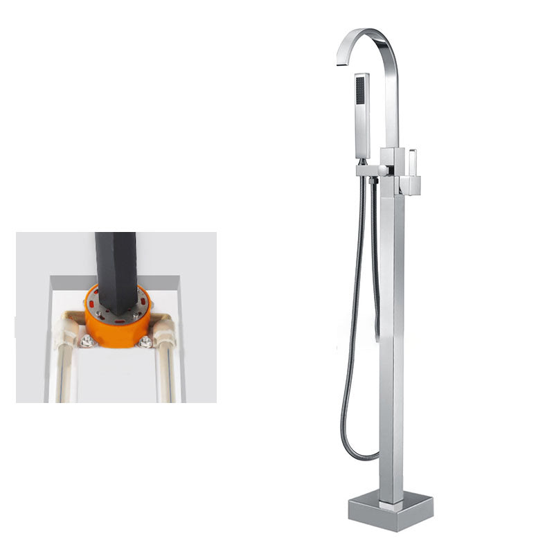Contemporary Brass Freestanding Tub Filler with Hose Floor Mounted Bathroom Faucet Chrome Concealed Installation Clearhalo 'Bathroom Remodel & Bathroom Fixtures' 'Bathtub Faucets' 'bathtub_faucets' 'Home Improvement' 'home_improvement' 'home_improvement_bathtub_faucets' 7196796
