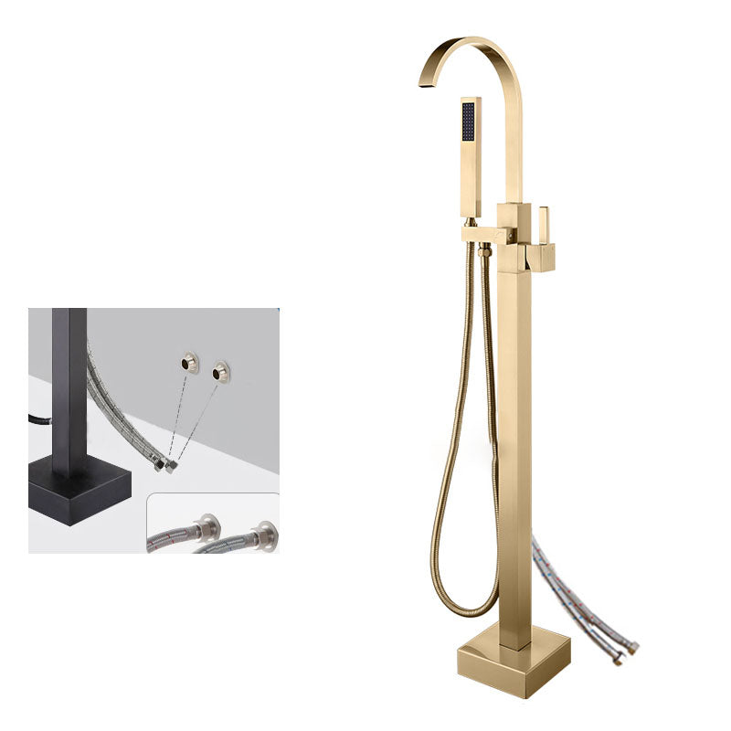 Contemporary Brass Freestanding Tub Filler with Hose Floor Mounted Bathroom Faucet Gold Open Decoration Clearhalo 'Bathroom Remodel & Bathroom Fixtures' 'Bathtub Faucets' 'bathtub_faucets' 'Home Improvement' 'home_improvement' 'home_improvement_bathtub_faucets' 7196799