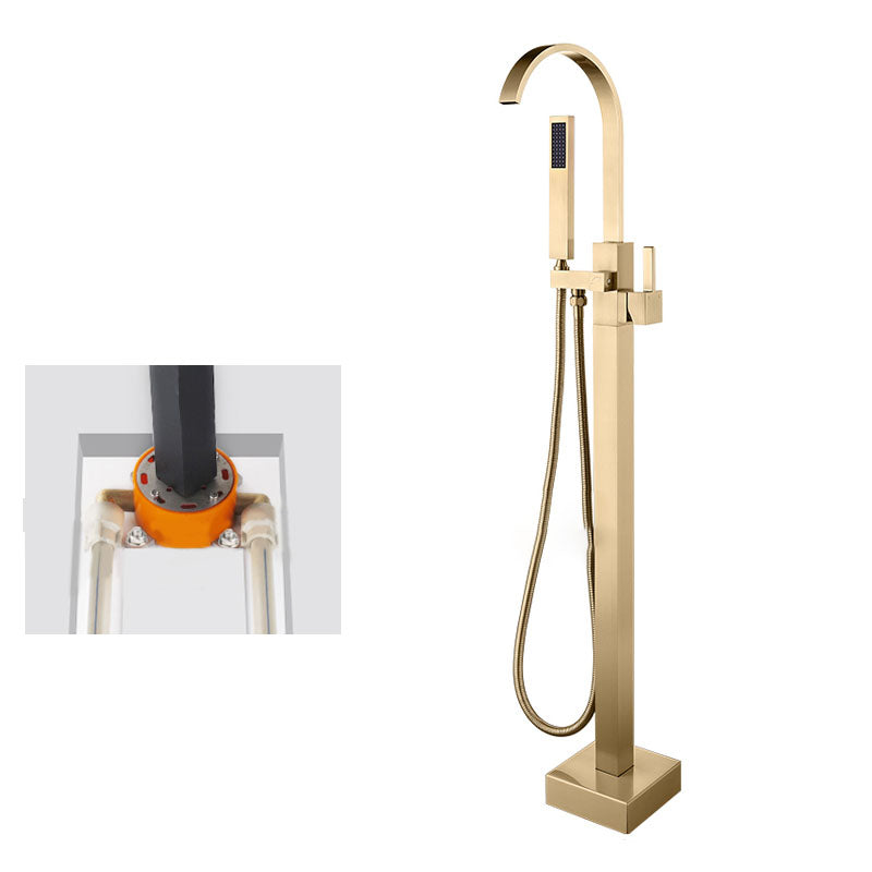 Contemporary Brass Freestanding Tub Filler with Hose Floor Mounted Bathroom Faucet Gold Concealed Installation Clearhalo 'Bathroom Remodel & Bathroom Fixtures' 'Bathtub Faucets' 'bathtub_faucets' 'Home Improvement' 'home_improvement' 'home_improvement_bathtub_faucets' 7196802