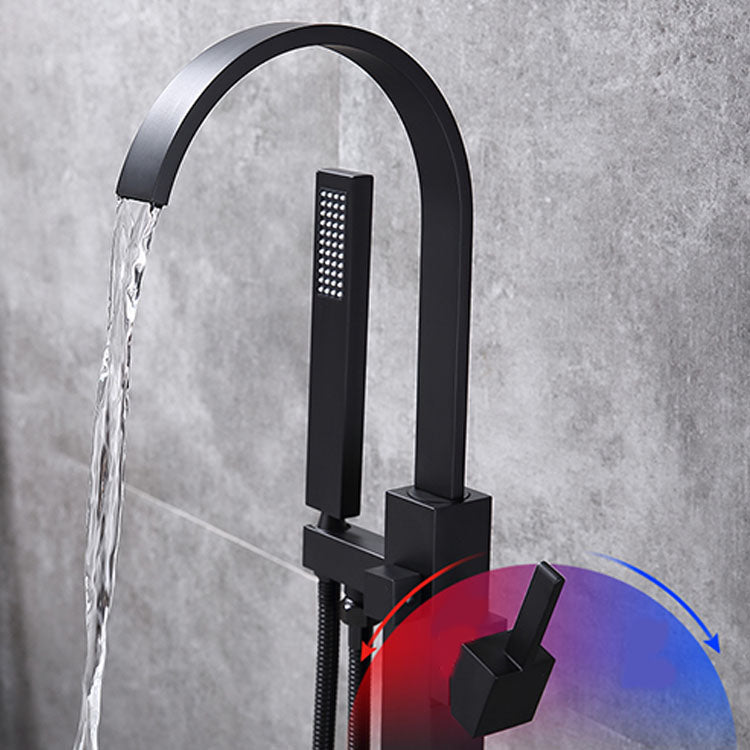 Contemporary Brass Freestanding Tub Filler with Hose Floor Mounted Bathroom Faucet Clearhalo 'Bathroom Remodel & Bathroom Fixtures' 'Bathtub Faucets' 'bathtub_faucets' 'Home Improvement' 'home_improvement' 'home_improvement_bathtub_faucets' 7196803