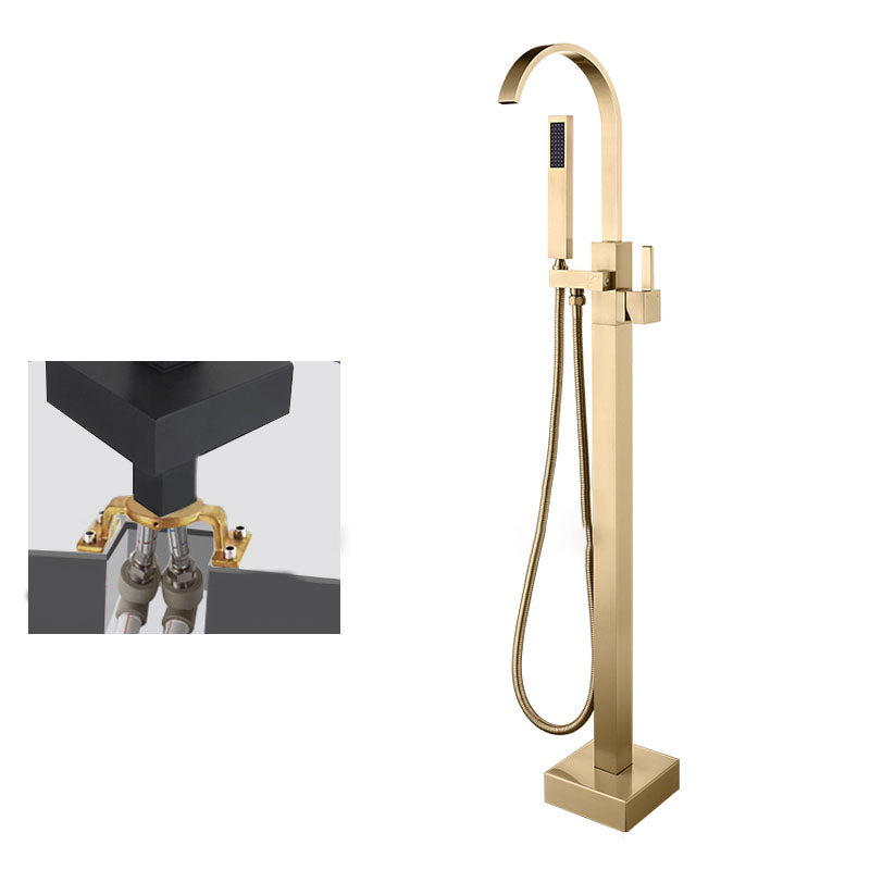 Contemporary Brass Freestanding Tub Filler with Hose Floor Mounted Bathroom Faucet Gold Embedded Box Not Included Clearhalo 'Bathroom Remodel & Bathroom Fixtures' 'Bathtub Faucets' 'bathtub_faucets' 'Home Improvement' 'home_improvement' 'home_improvement_bathtub_faucets' 7196804