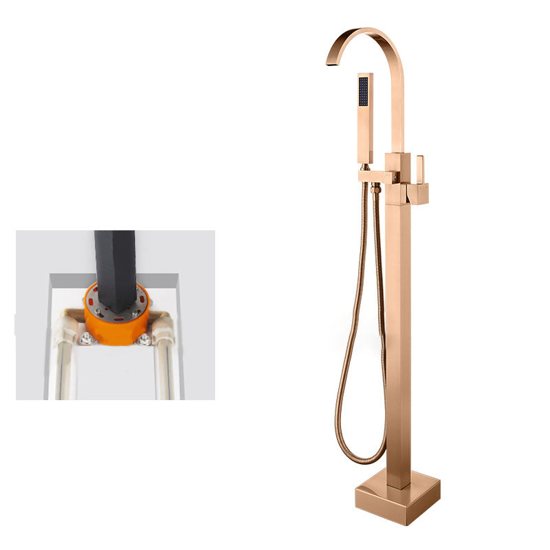 Contemporary Brass Freestanding Tub Filler with Hose Floor Mounted Bathroom Faucet Rose Gold Concealed Installation Clearhalo 'Bathroom Remodel & Bathroom Fixtures' 'Bathtub Faucets' 'bathtub_faucets' 'Home Improvement' 'home_improvement' 'home_improvement_bathtub_faucets' 7196807