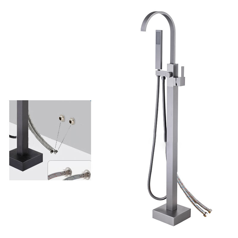 Contemporary Brass Freestanding Tub Filler with Hose Floor Mounted Bathroom Faucet Gun Grey Open Decoration Clearhalo 'Bathroom Remodel & Bathroom Fixtures' 'Bathtub Faucets' 'bathtub_faucets' 'Home Improvement' 'home_improvement' 'home_improvement_bathtub_faucets' 7196809