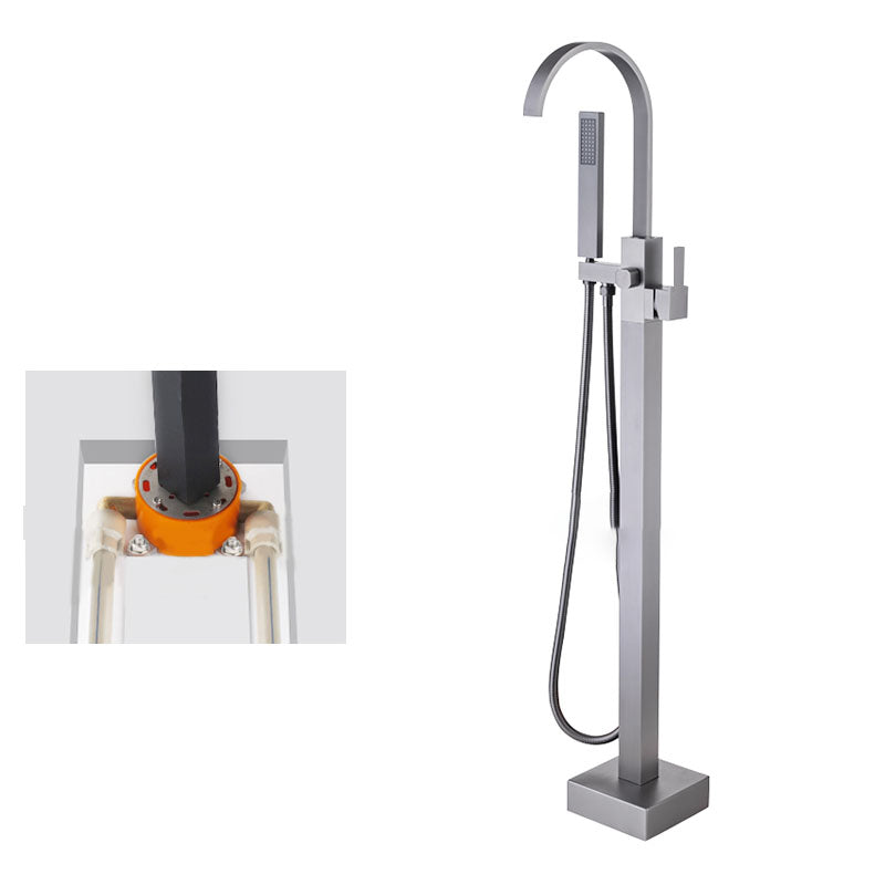 Contemporary Brass Freestanding Tub Filler with Hose Floor Mounted Bathroom Faucet Gun Grey Concealed Installation Clearhalo 'Bathroom Remodel & Bathroom Fixtures' 'Bathtub Faucets' 'bathtub_faucets' 'Home Improvement' 'home_improvement' 'home_improvement_bathtub_faucets' 7196810