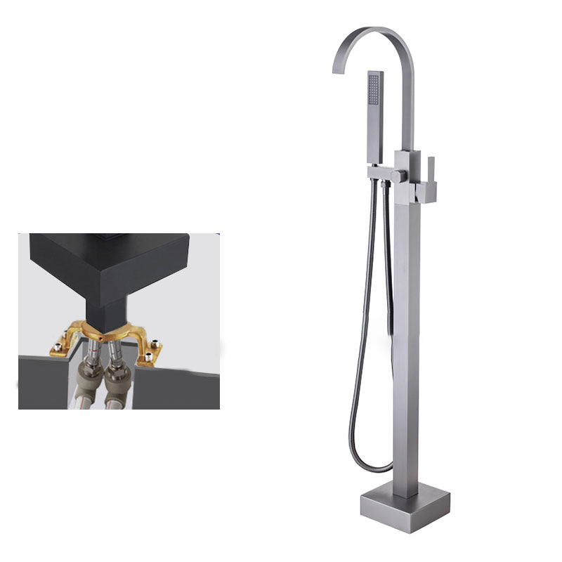 Contemporary Brass Freestanding Tub Filler with Hose Floor Mounted Bathroom Faucet Gun Grey Embedded Box Not Included Clearhalo 'Bathroom Remodel & Bathroom Fixtures' 'Bathtub Faucets' 'bathtub_faucets' 'Home Improvement' 'home_improvement' 'home_improvement_bathtub_faucets' 7196811