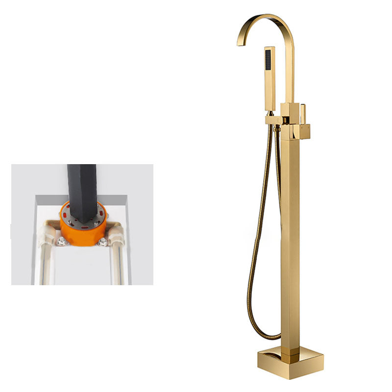 Contemporary Brass Freestanding Tub Filler with Hose Floor Mounted Bathroom Faucet Bright Gold Concealed Installation Clearhalo 'Bathroom Remodel & Bathroom Fixtures' 'Bathtub Faucets' 'bathtub_faucets' 'Home Improvement' 'home_improvement' 'home_improvement_bathtub_faucets' 7196813