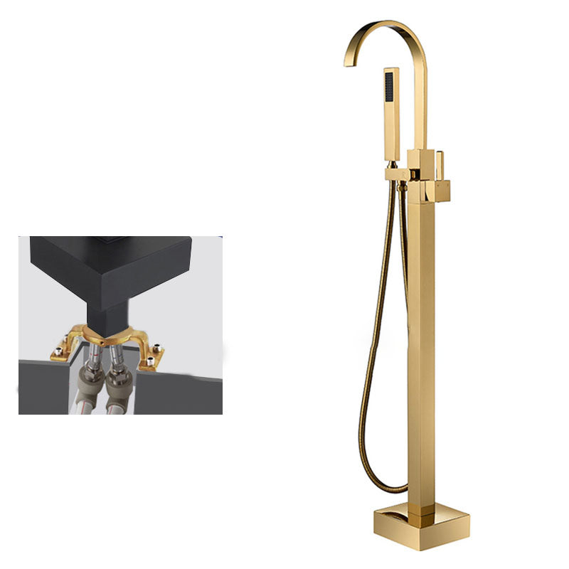 Contemporary Brass Freestanding Tub Filler with Hose Floor Mounted Bathroom Faucet Bright Gold Embedded Box Not Included Clearhalo 'Bathroom Remodel & Bathroom Fixtures' 'Bathtub Faucets' 'bathtub_faucets' 'Home Improvement' 'home_improvement' 'home_improvement_bathtub_faucets' 7196814
