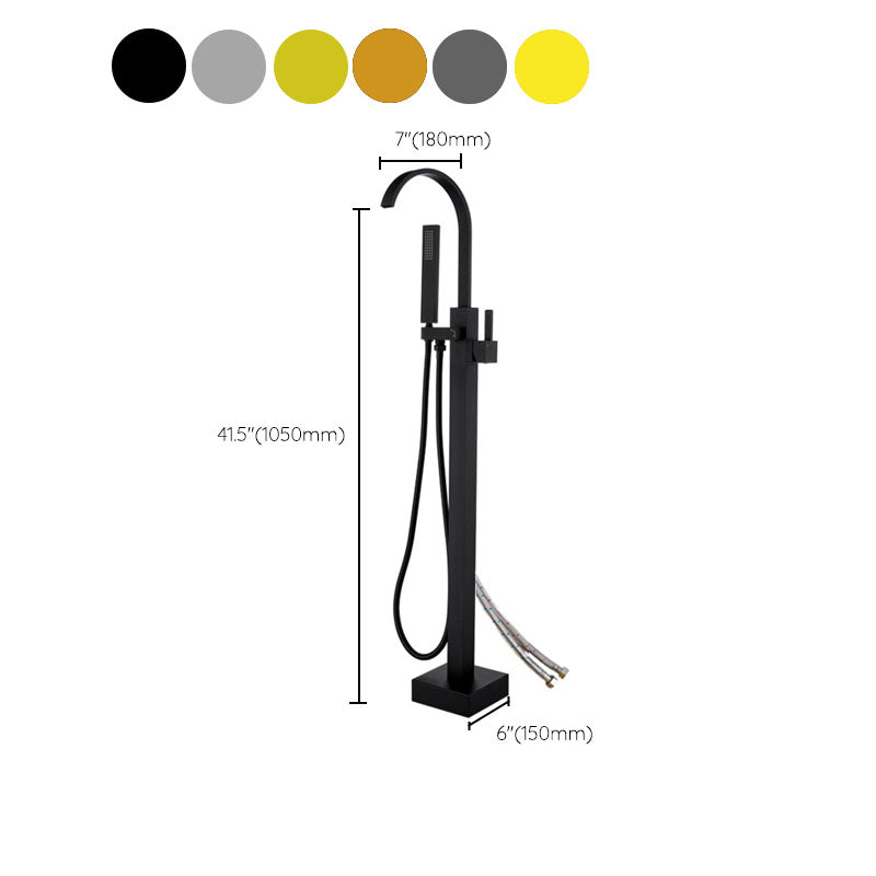 Contemporary Brass Freestanding Tub Filler with Hose Floor Mounted Bathroom Faucet Clearhalo 'Bathroom Remodel & Bathroom Fixtures' 'Bathtub Faucets' 'bathtub_faucets' 'Home Improvement' 'home_improvement' 'home_improvement_bathtub_faucets' 7196815