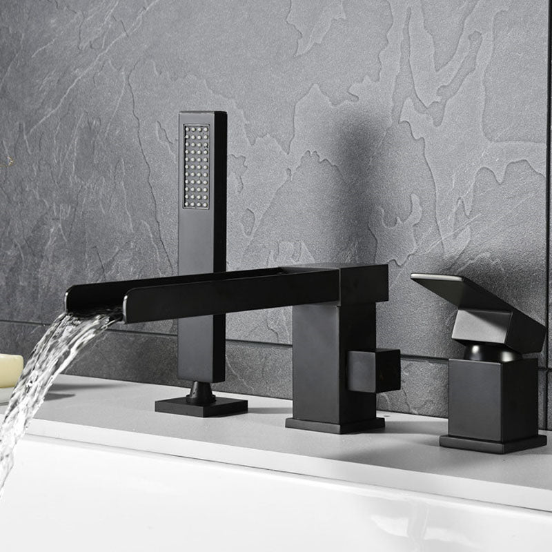 Brass Low Arc Bath Faucet with Hand Shower Square Bathroom Faucet Black Square 3 Hole Faucets Clearhalo 'Bathroom Remodel & Bathroom Fixtures' 'Bathtub Faucets' 'bathtub_faucets' 'Home Improvement' 'home_improvement' 'home_improvement_bathtub_faucets' 7196818