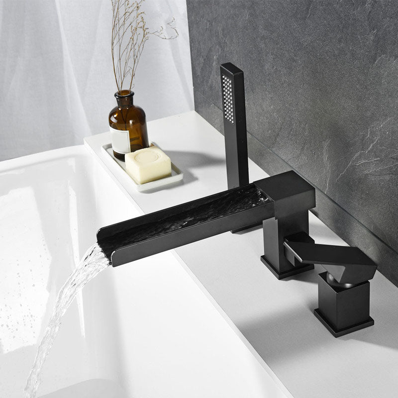 Brass Low Arc Bath Faucet with Hand Shower Square Bathroom Faucet Clearhalo 'Bathroom Remodel & Bathroom Fixtures' 'Bathtub Faucets' 'bathtub_faucets' 'Home Improvement' 'home_improvement' 'home_improvement_bathtub_faucets' 7196819