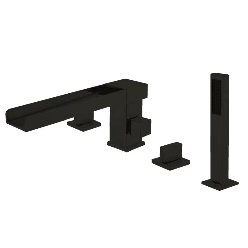 Brass Low Arc Bath Faucet with Hand Shower Square Bathroom Faucet Black Square 4 Hole Faucets Clearhalo 'Bathroom Remodel & Bathroom Fixtures' 'Bathtub Faucets' 'bathtub_faucets' 'Home Improvement' 'home_improvement' 'home_improvement_bathtub_faucets' 7196820
